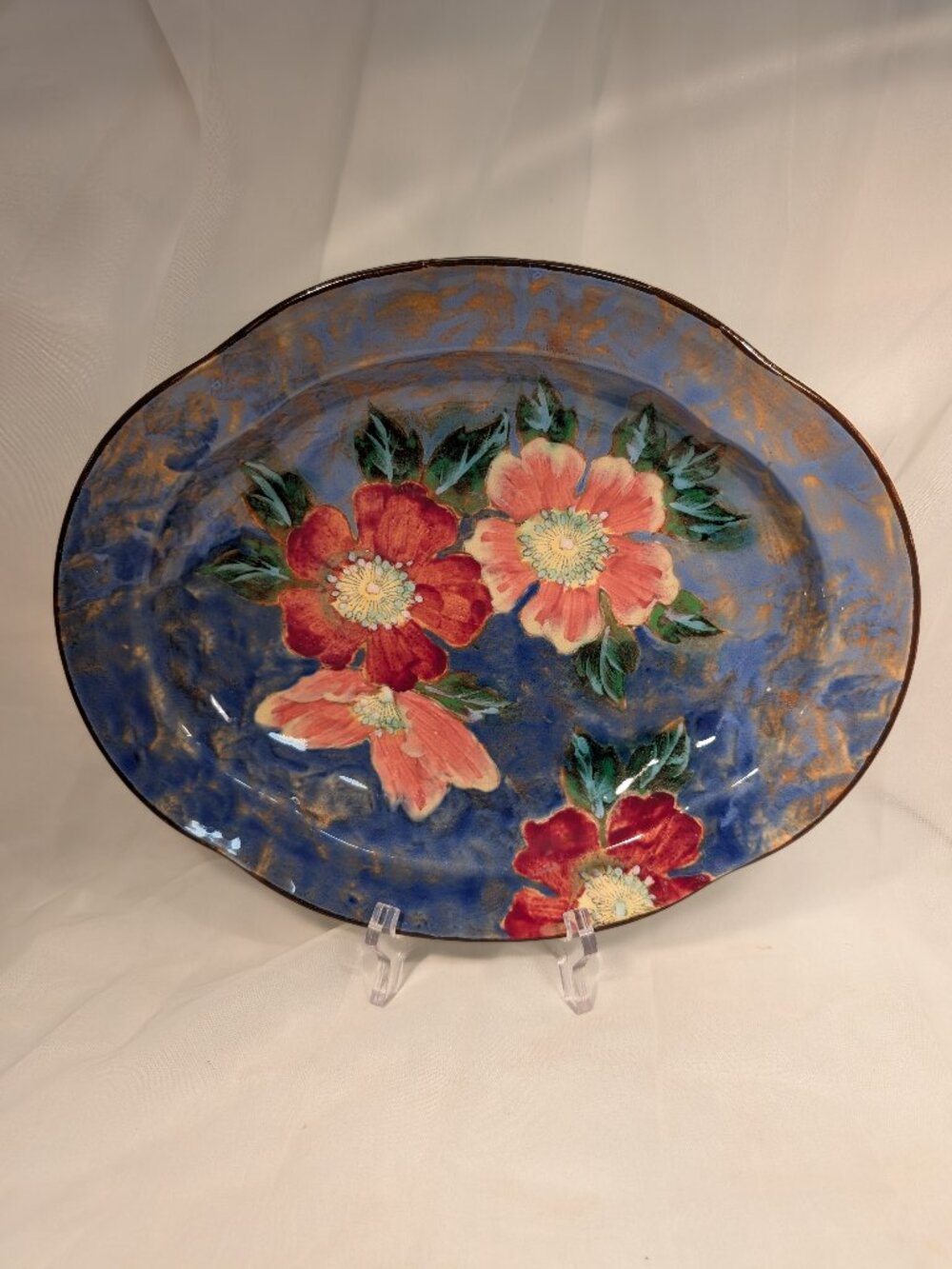 Vintage Royal Doulton Wild Rose Series Ware Platter Bowl D6227 Blue Gold Lustre
